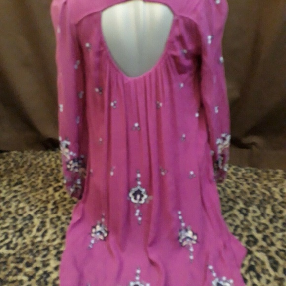 Bohemian Embroidered Floral Mini Open Back Tunic Dress Pink Lilac XS FREE PEOPLE - Picture 5 of 8